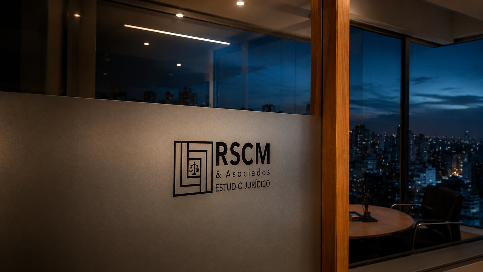 Logo de RSCM sobre vidrio y oficina con vista nocturna